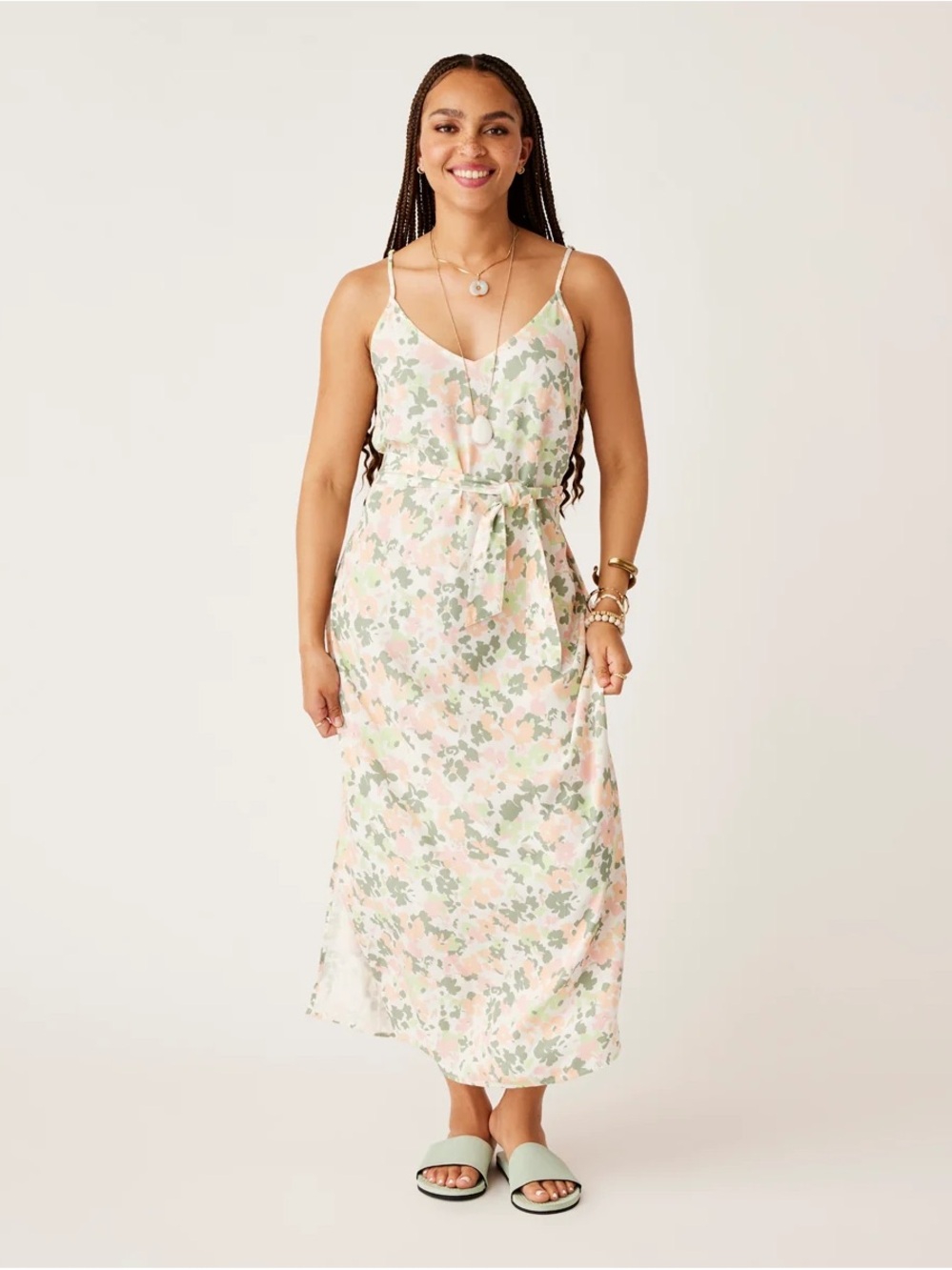 Carve Designs Pink & Sage Floral Tie-Waist Maxi Dress